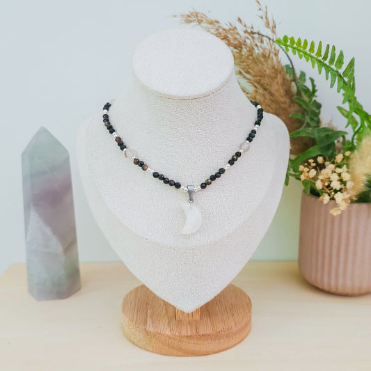 Lunar Whisper – Clear Quartz, Black Onyx & Dendritic Agate Necklace with 925 Silver Beads | Handmade Under the Scorpio Full Moon