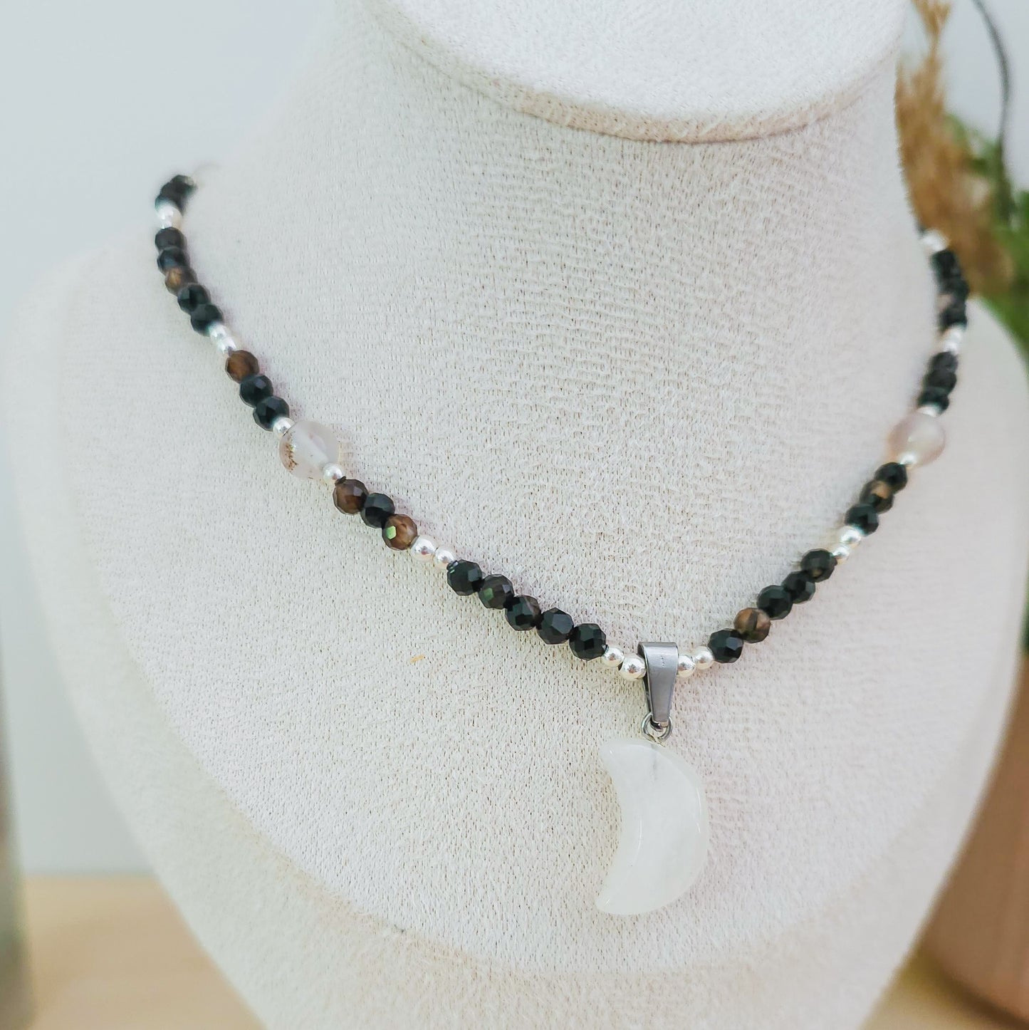 Lunar Whisper – Clear Quartz, Black Onyx & Dendritic Agate Necklace with 925 Silver Beads | Handmade Under the Scorpio Full Moon