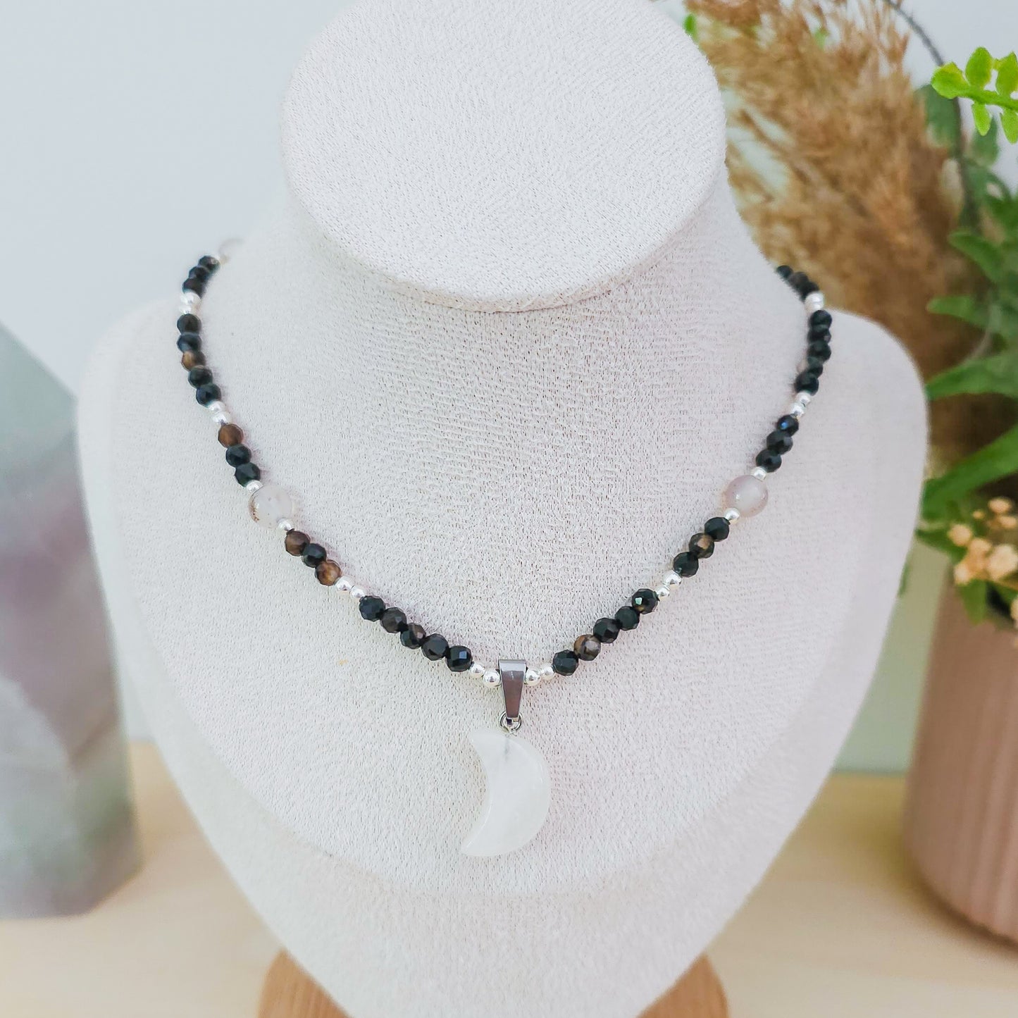 Lunar Whisper – Clear Quartz, Black Onyx & Dendritic Agate Necklace with 925 Silver Beads | Handmade Under the Scorpio Full Moon