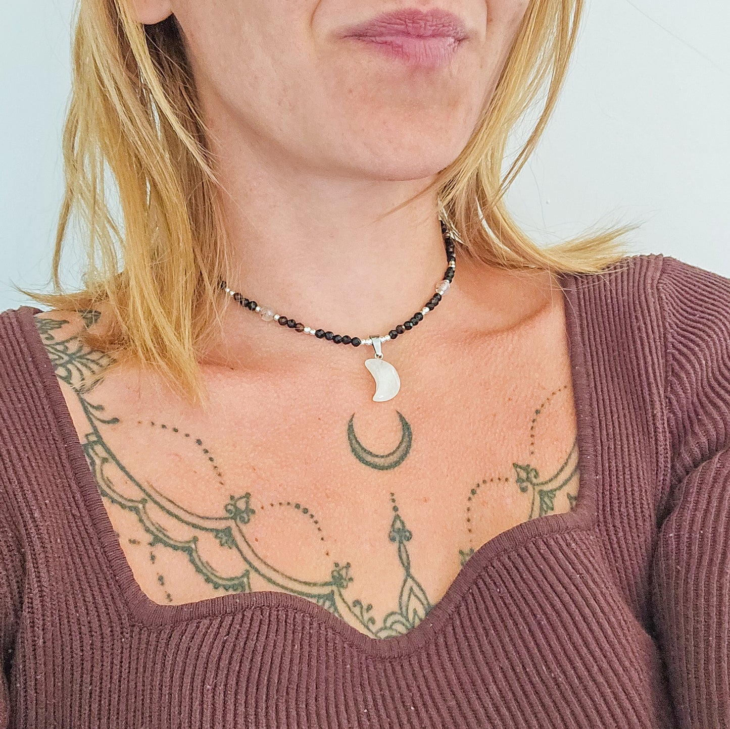 Lunar Whisper – Clear Quartz, Black Onyx & Dendritic Agate Necklace with 925 Silver Beads | Handmade Under the Scorpio Full Moon