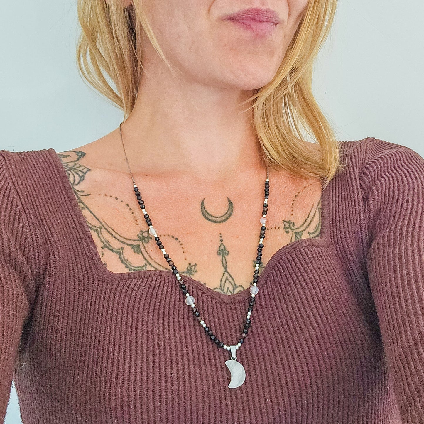 Lunar Whisper – Clear Quartz, Black Onyx & Dendritic Agate Necklace with 925 Silver Beads | Handmade Under the Scorpio Full Moon