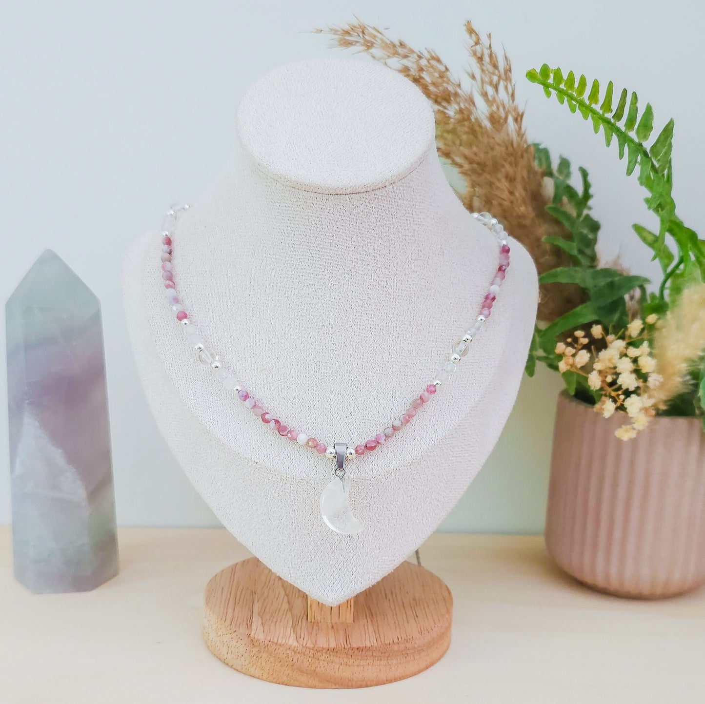 Lunar Bloom – Clear Quartz & Pink Tourmaline Necklace with 925 Silver Beads | Handmade Under the Scorpio Full Moon.