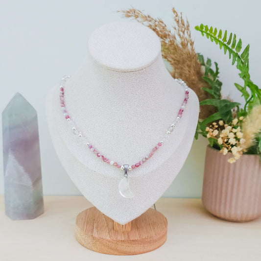 Lunar Bloom – Clear Quartz & Pink Tourmaline Necklace with 925 Silver Beads | Handmade Under the Scorpio Full Moon.