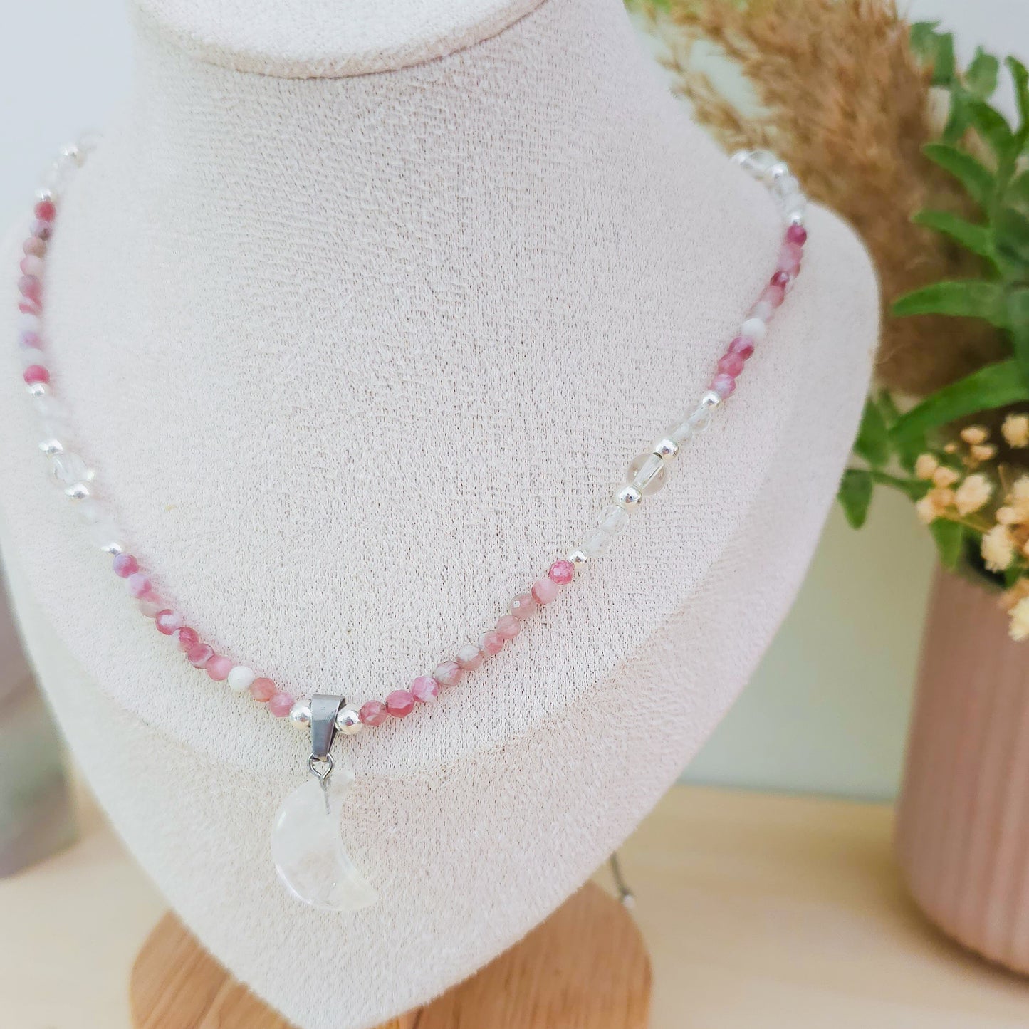 Lunar Bloom – Clear Quartz & Pink Tourmaline Necklace with 925 Silver Beads | Handmade Under the Scorpio Full Moon.