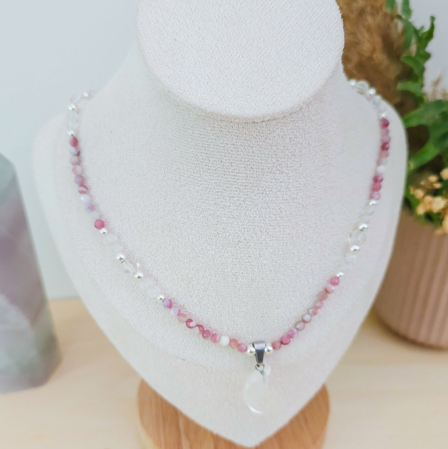 Lunar Bloom – Clear Quartz & Pink Tourmaline Necklace with 925 Silver Beads | Handmade Under the Scorpio Full Moon.