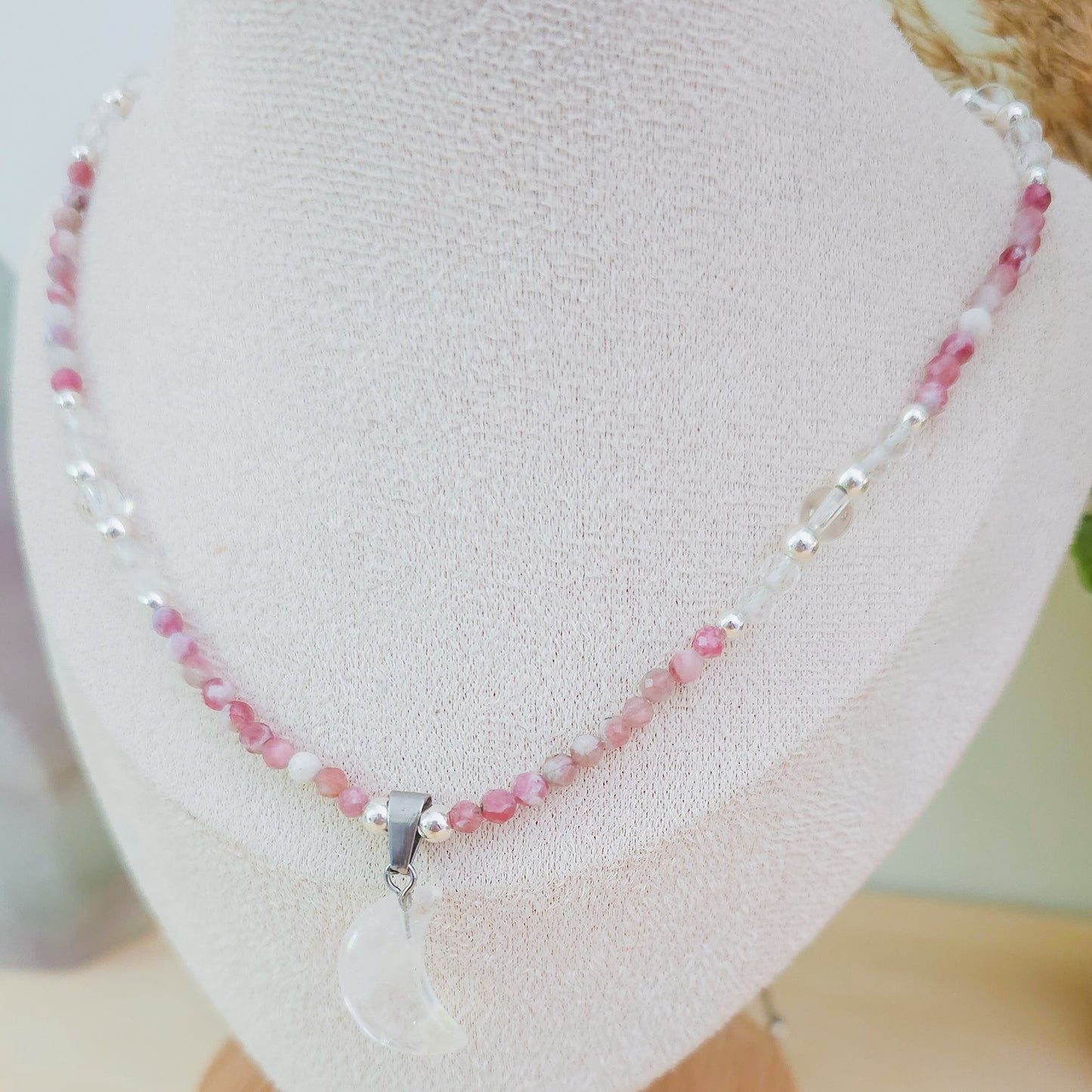 Lunar Bloom – Clear Quartz & Pink Tourmaline Necklace with 925 Silver Beads | Handmade Under the Scorpio Full Moon.
