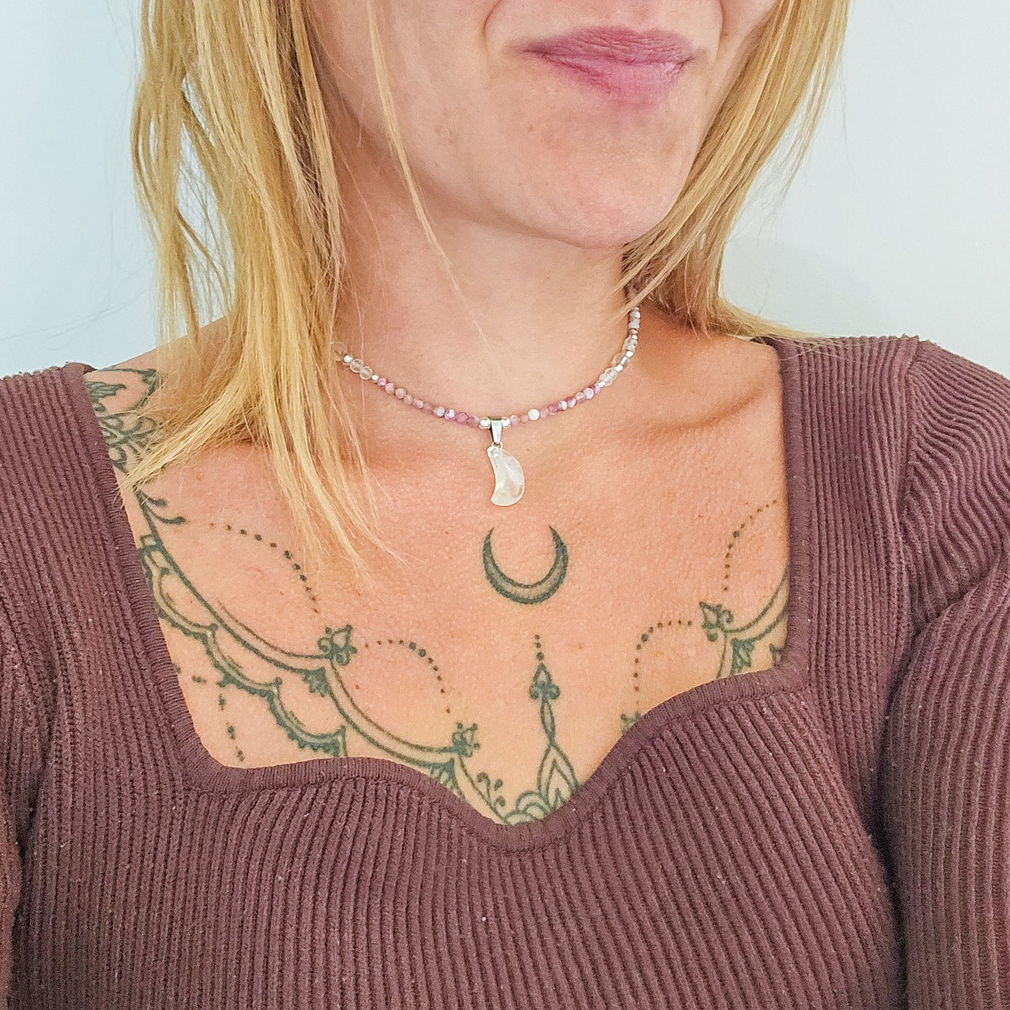 Lunar Bloom – Clear Quartz & Pink Tourmaline Necklace with 925 Silver Beads | Handmade Under the Scorpio Full Moon.