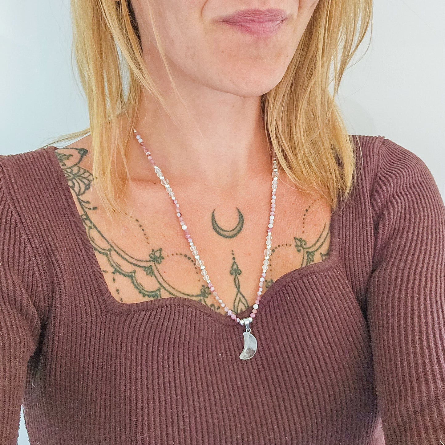 Lunar Bloom – Clear Quartz & Pink Tourmaline Necklace with 925 Silver Beads | Handmade Under the Scorpio Full Moon.