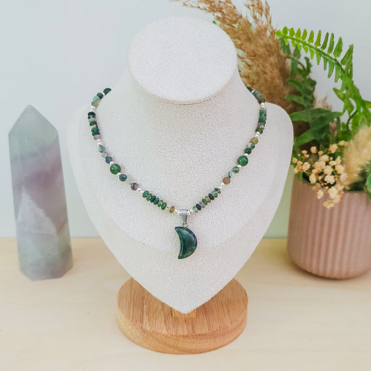 Lunar Nurture | Moss Agate Necklace with 925 Silver Beads