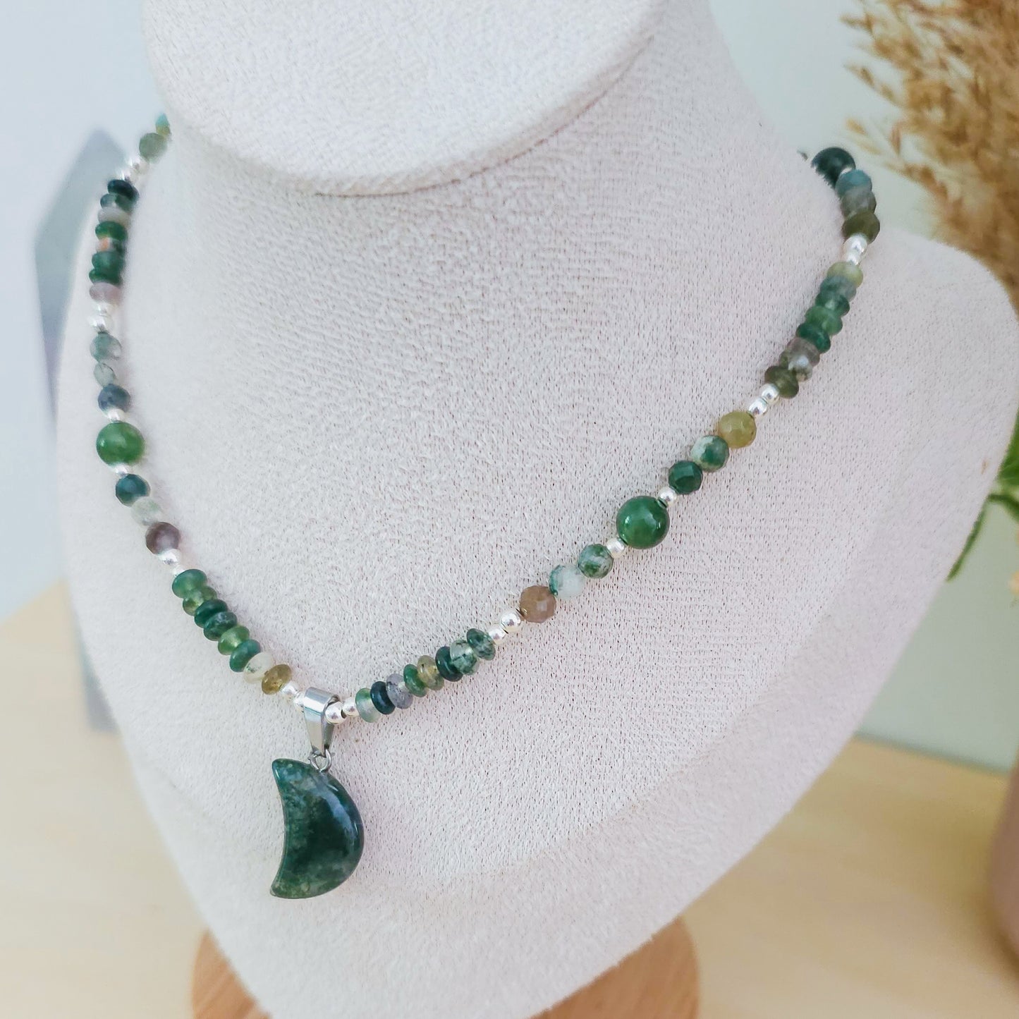 Lunar Nurture | Moss Agate Necklace with 925 Silver Beads
