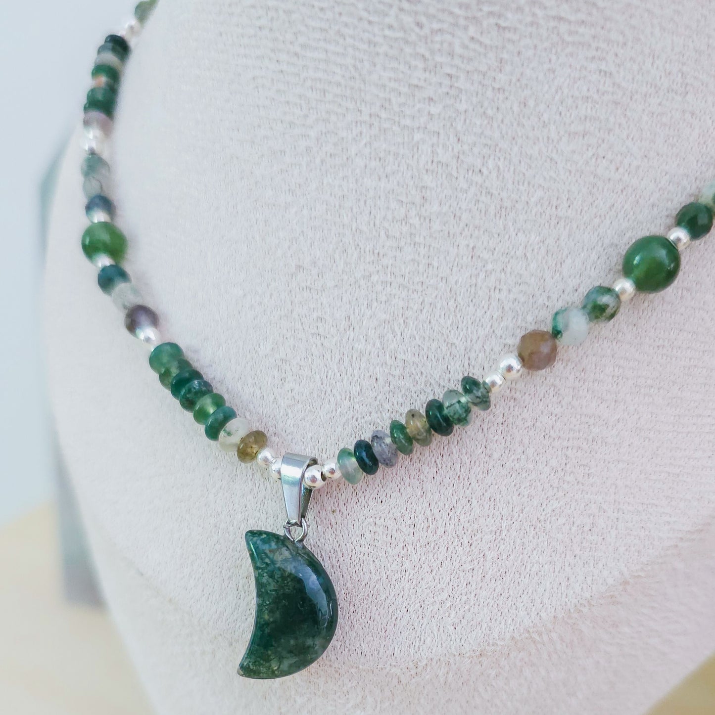 Lunar Nurture | Moss Agate Necklace with 925 Silver Beads