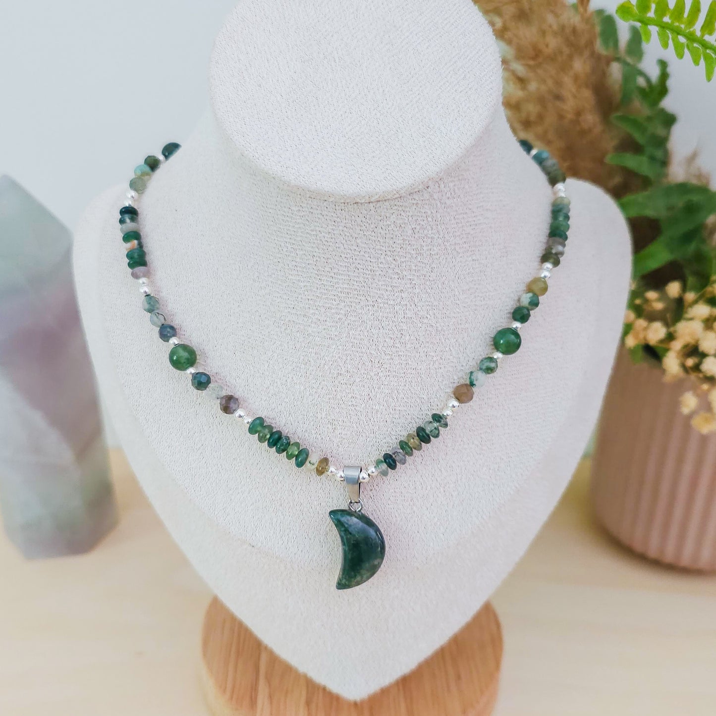 Lunar Nurture | Moss Agate Necklace with 925 Silver Beads