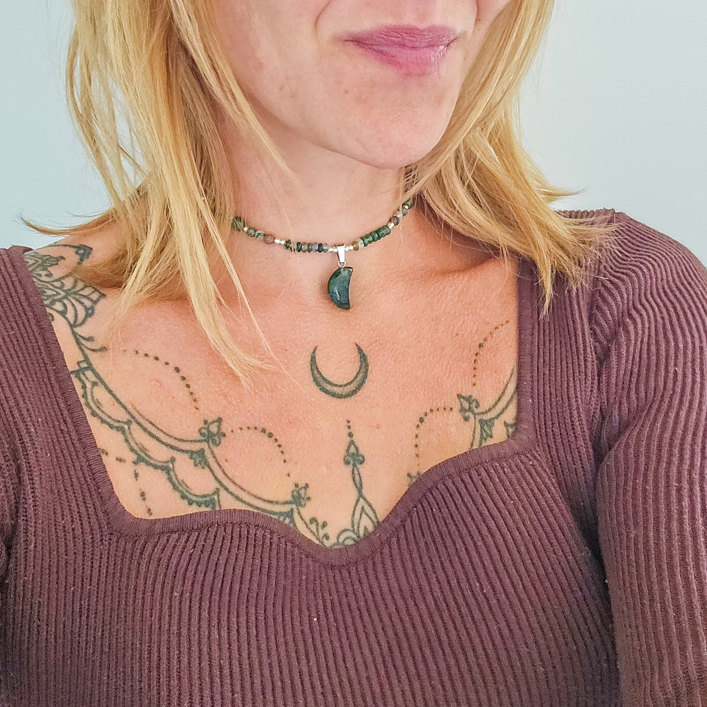 Lunar Nurture | Moss Agate Necklace with 925 Silver Beads
