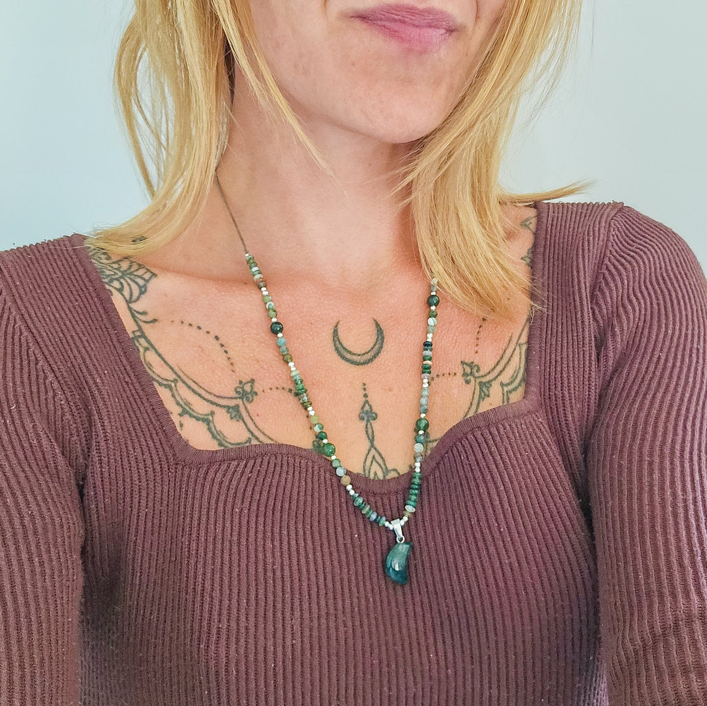 Lunar Nurture | Moss Agate Necklace with 925 Silver Beads