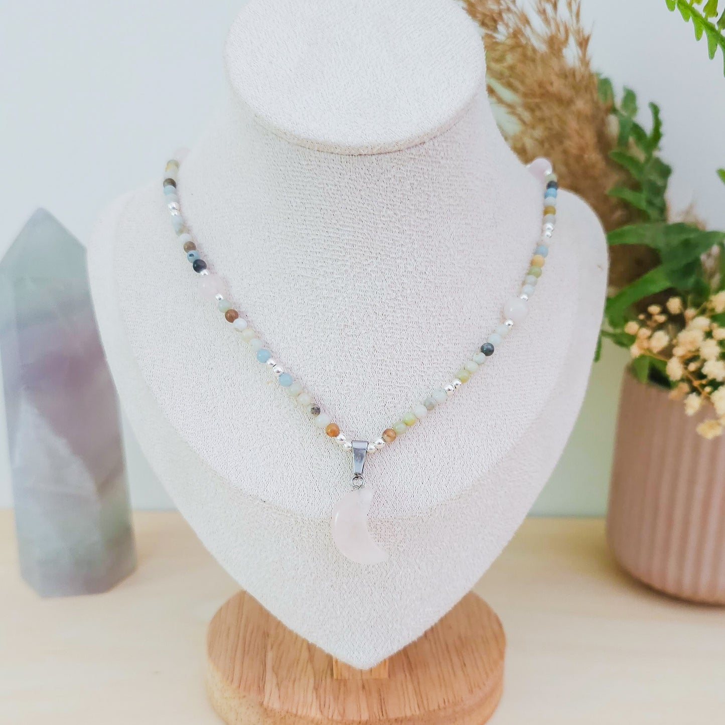 Lunar Embrace – Rose Quartz & Amazonite Necklace with 925 Silver Beads | Handmade Under the Scorpio Full Moon