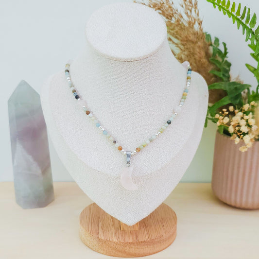 Lunar Embrace – Rose Quartz & Amazonite Necklace with 925 Silver Beads | Handmade Under the Scorpio Full Moon