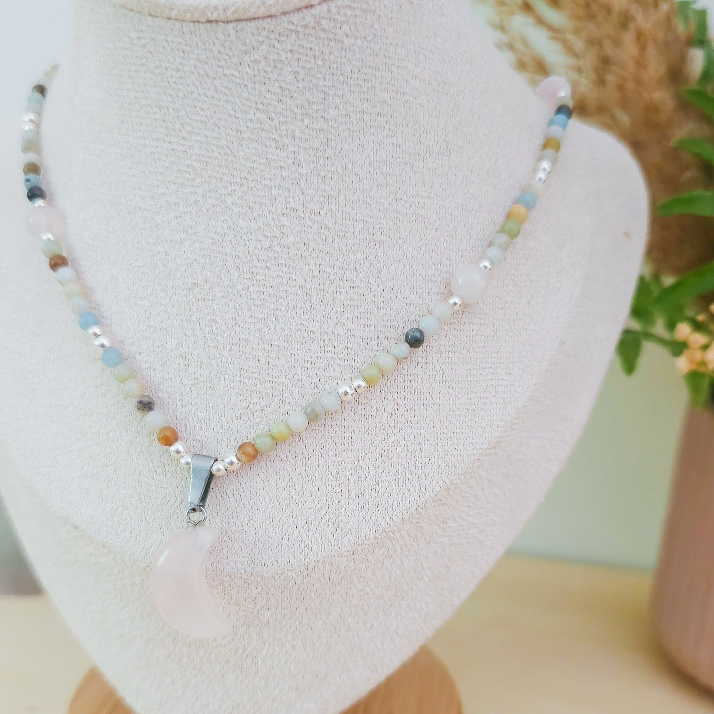 Lunar Embrace – Rose Quartz & Amazonite Necklace with 925 Silver Beads | Handmade Under the Scorpio Full Moon