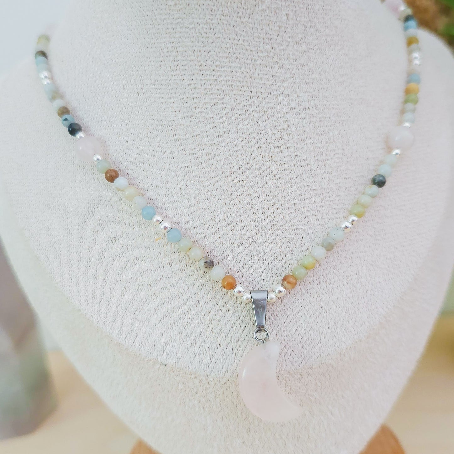 Lunar Embrace – Rose Quartz & Amazonite Necklace with 925 Silver Beads | Handmade Under the Scorpio Full Moon