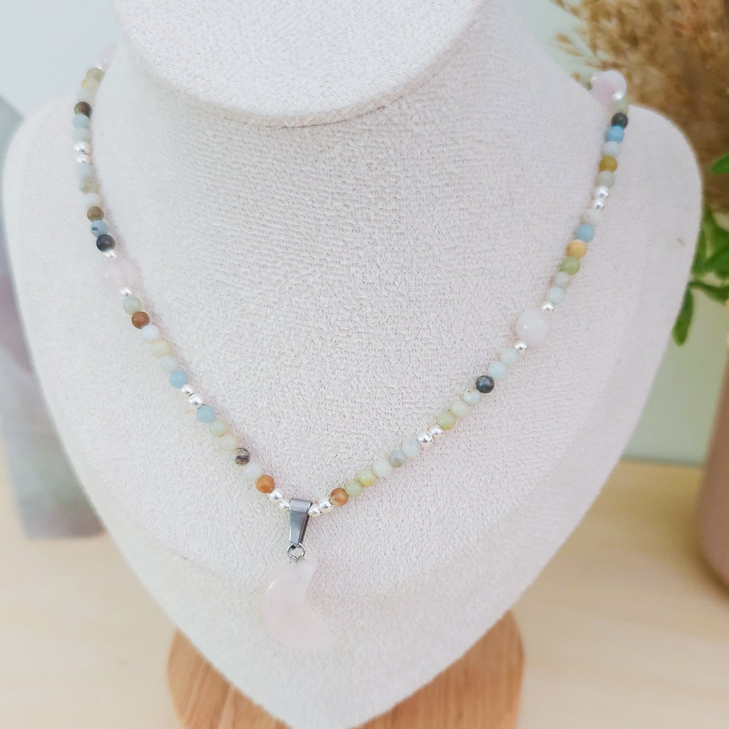 Lunar Embrace – Rose Quartz & Amazonite Necklace with 925 Silver Beads | Handmade Under the Scorpio Full Moon