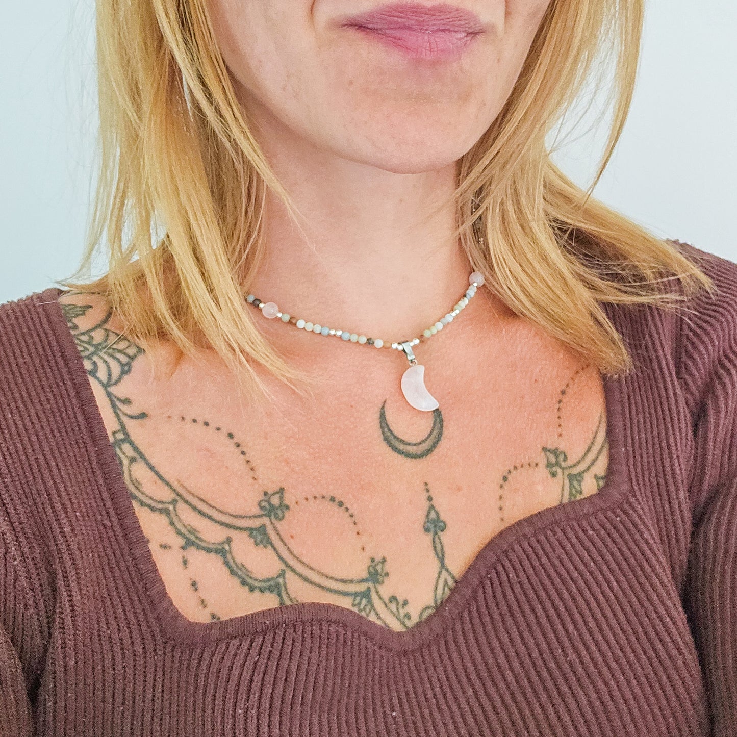 Lunar Embrace – Rose Quartz & Amazonite Necklace with 925 Silver Beads | Handmade Under the Scorpio Full Moon
