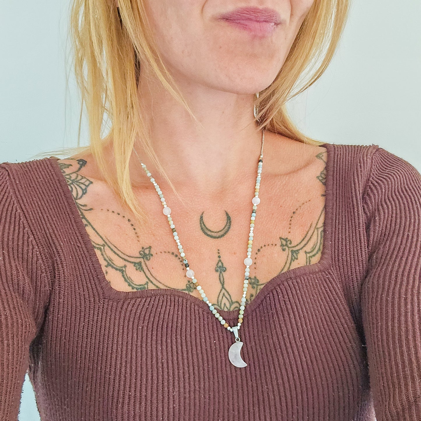 Lunar Embrace – Rose Quartz & Amazonite Necklace with 925 Silver Beads | Handmade Under the Scorpio Full Moon