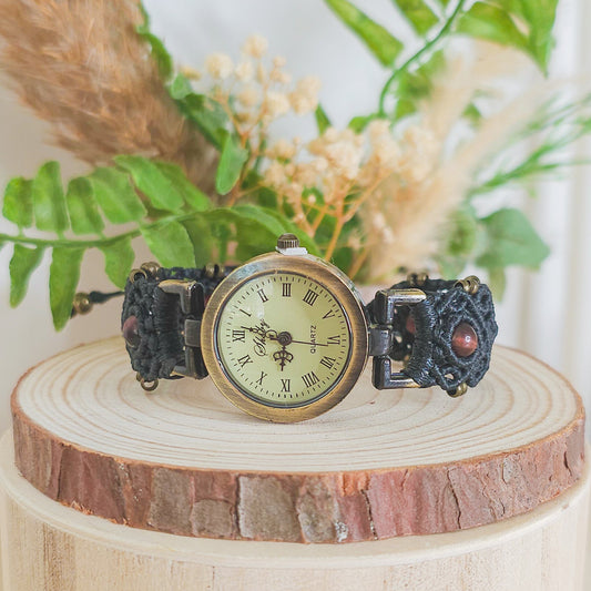 Handmade micromacrame watch with black string and red Tiger’s Eye beads, spiritual jewelry for grounding and energy balance