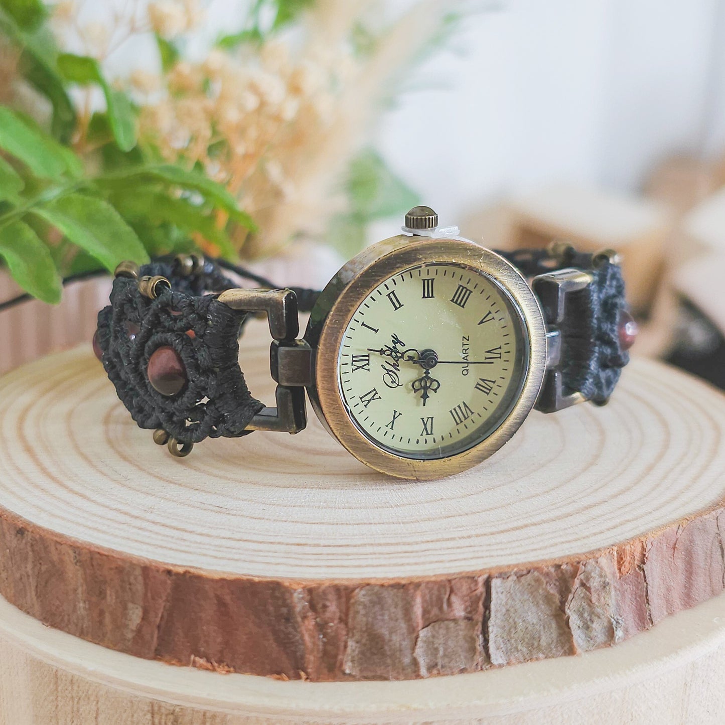 Handmade micromacrame watch with black string and red Tiger’s Eye beads, spiritual jewelry for grounding and energy balance