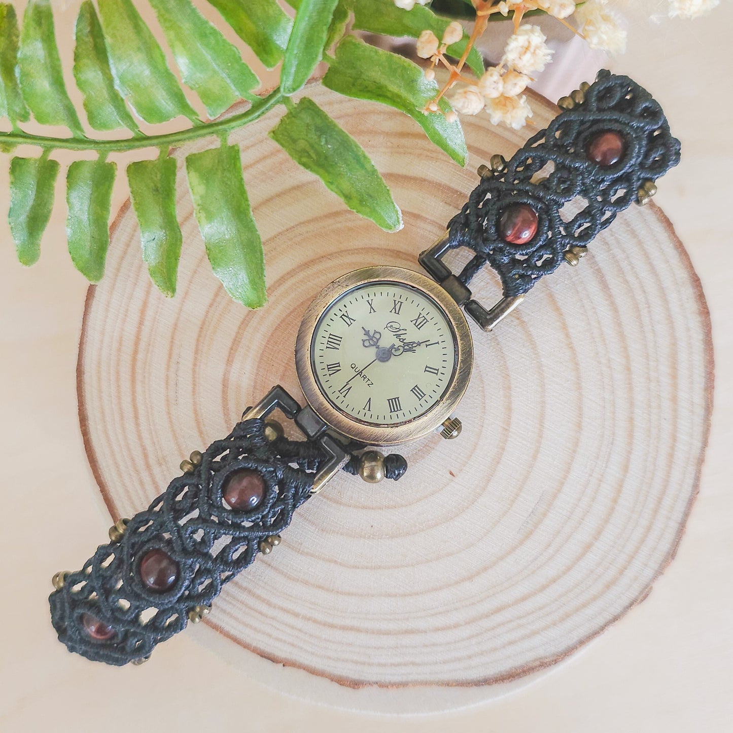 Handmade micromacrame watch with black string and red Tiger’s Eye beads, spiritual jewelry for grounding and energy balance