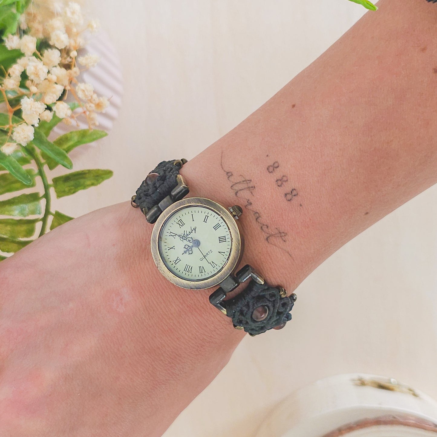 Handmade micromacrame watch with black string and red Tiger’s Eye beads, spiritual jewelry for grounding and energy balance