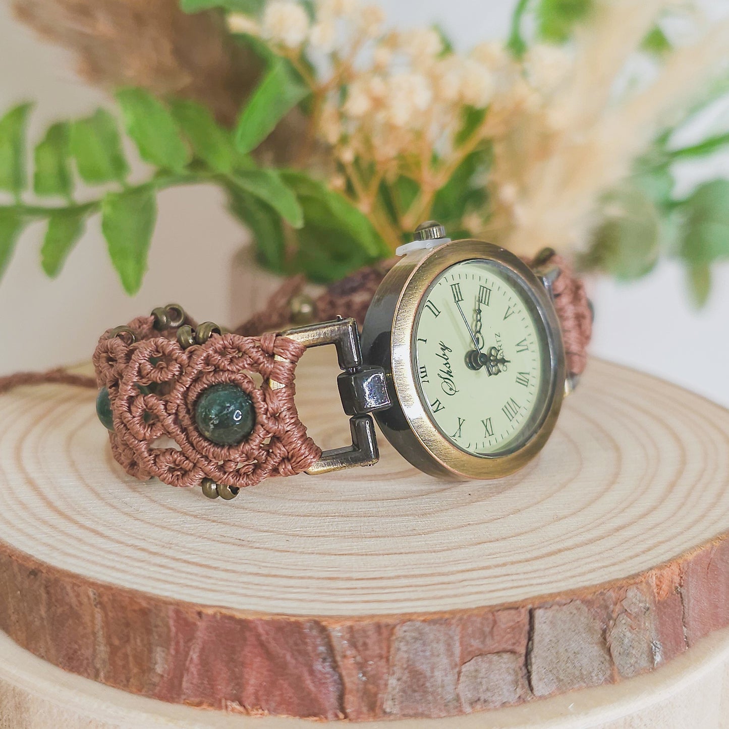 Handmade micromacrame watch with brown string and Moss Agate beads, spiritual jewelry for grounding and renewal