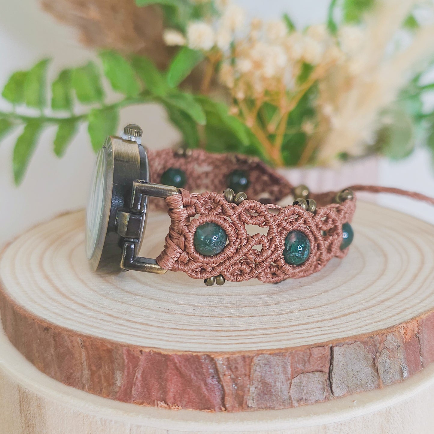 Handmade micromacrame watch with brown string and Moss Agate beads, spiritual jewelry for grounding and renewal