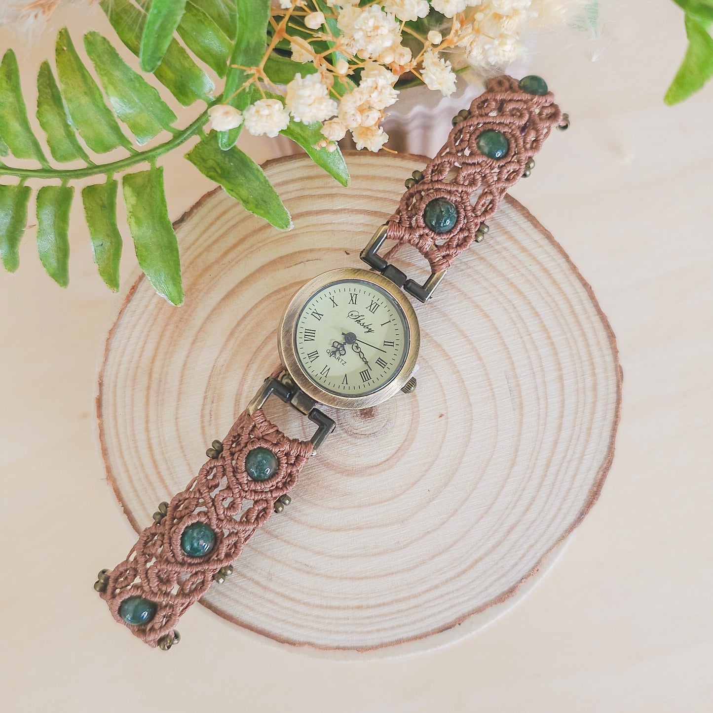 Handmade micromacrame watch with brown string and Moss Agate beads, spiritual jewelry for grounding and renewal