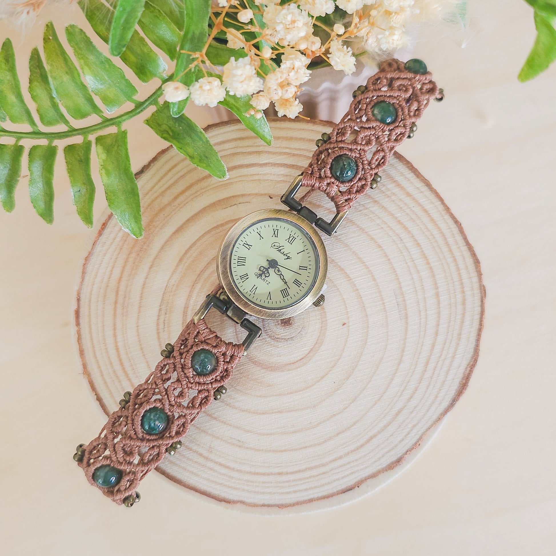 Handmade micromacrame watch with brown string and Moss Agate beads, spiritual jewelry for grounding and renewal