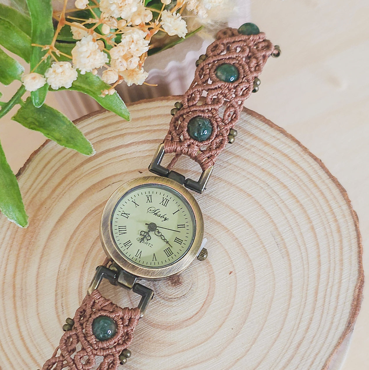 Handmade micromacrame watch with brown string and Moss Agate beads, spiritual jewelry for grounding and renewal