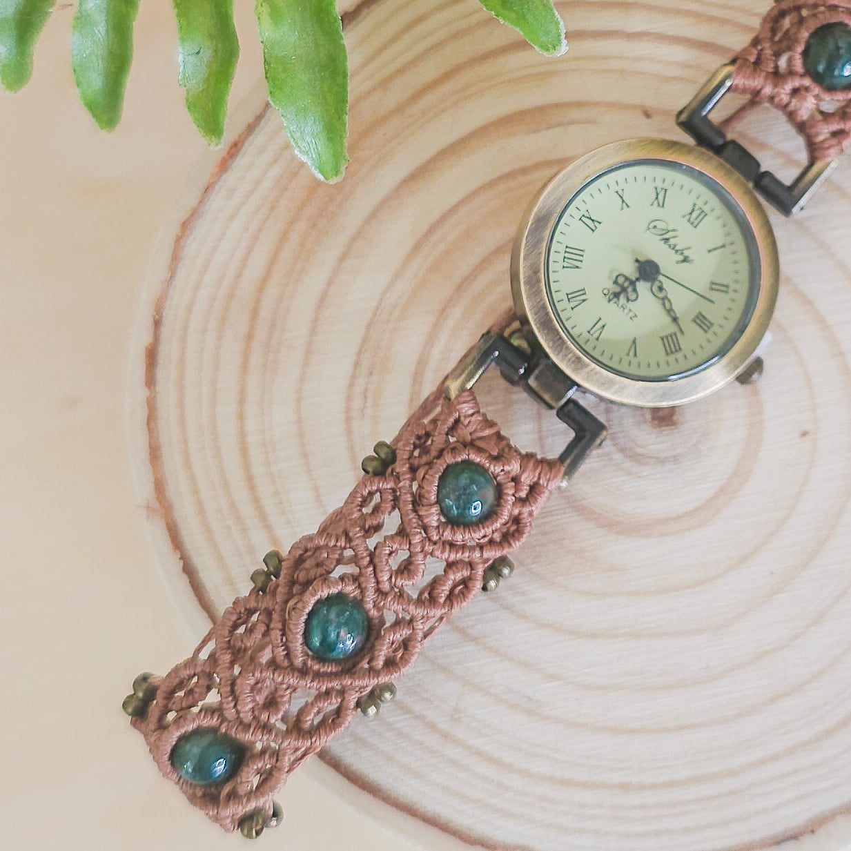 Handmade micromacrame watch with brown string and Moss Agate beads, spiritual jewelry for grounding and renewal
