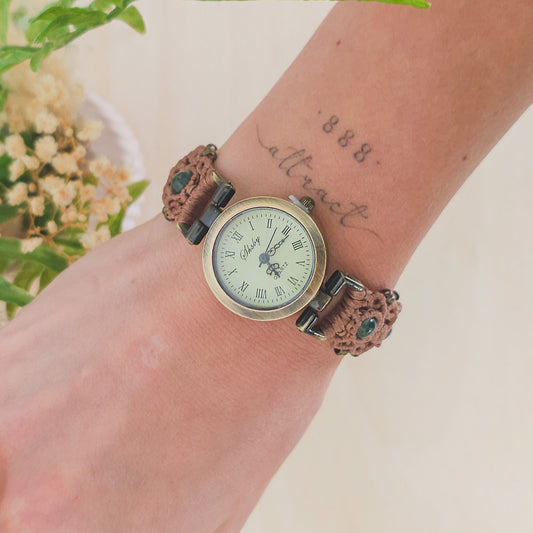 Handmade micromacrame watch with brown string and Moss Agate beads, spiritual jewelry for grounding and renewal