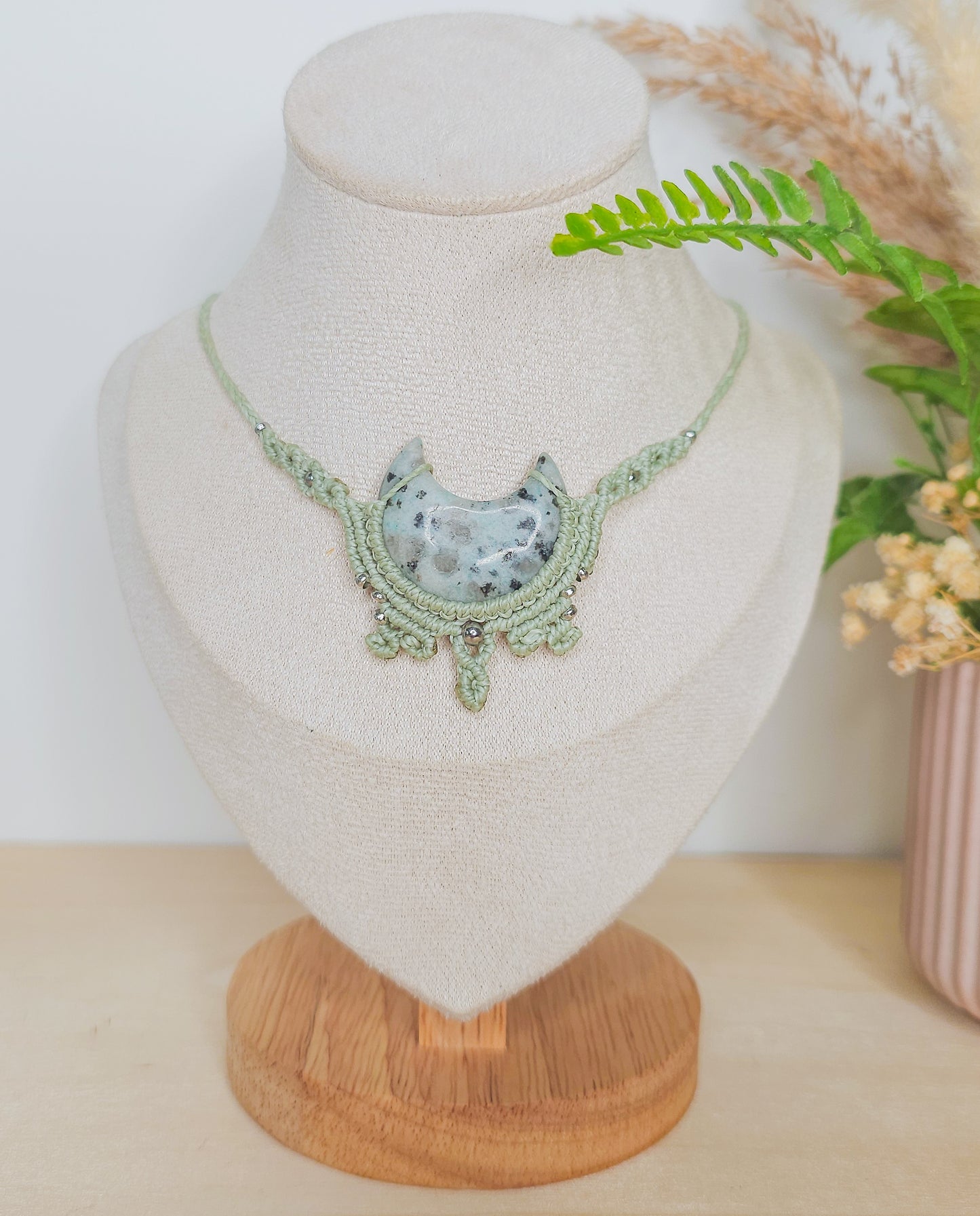 Crescent Roots | Handmade Necklace with Kiwi Jasper Crescent Moon