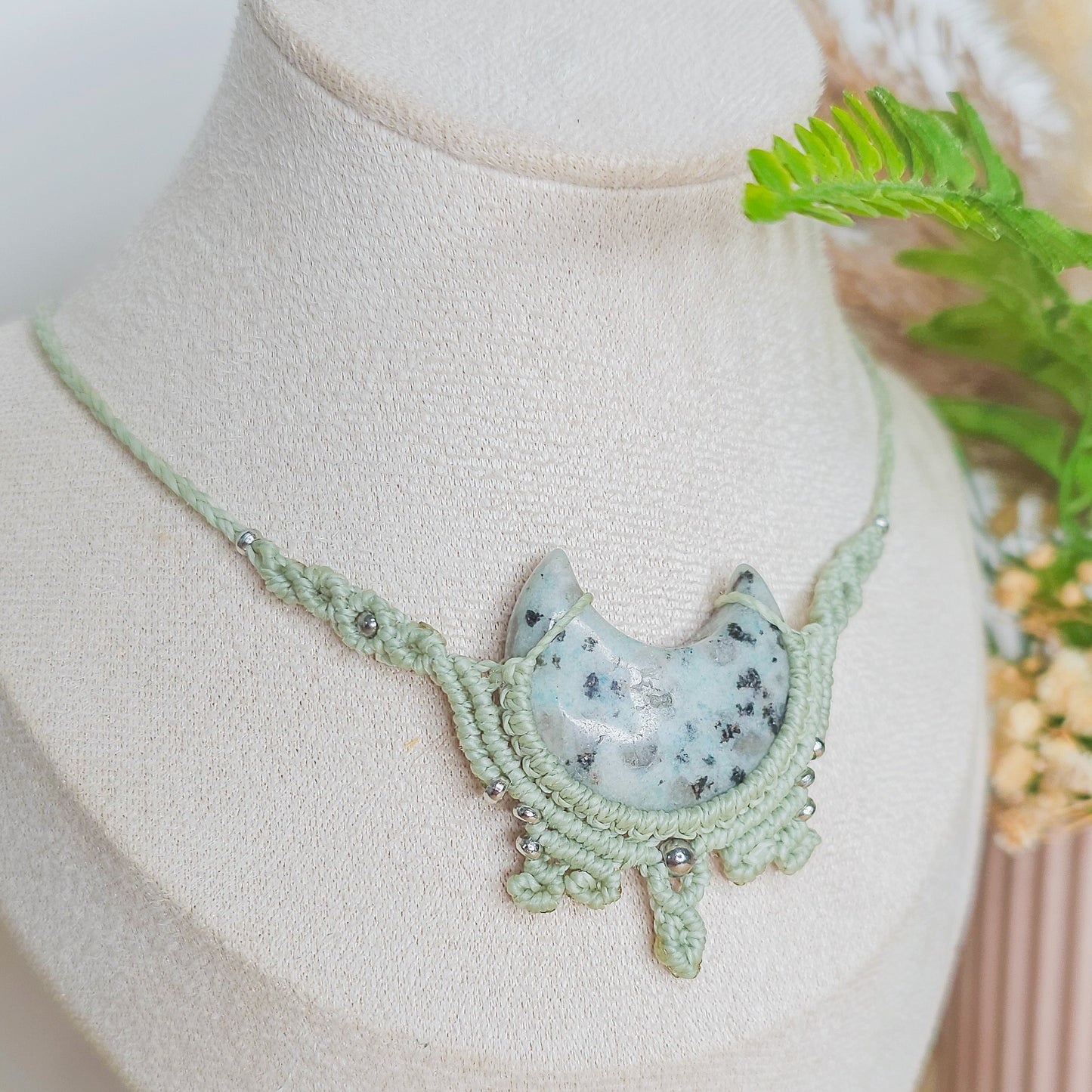 Crescent Roots | Handmade Necklace with Kiwi Jasper Crescent Moon