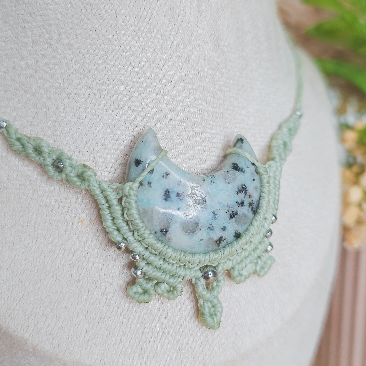 Crescent Roots | Handmade Necklace with Kiwi Jasper Crescent Moon