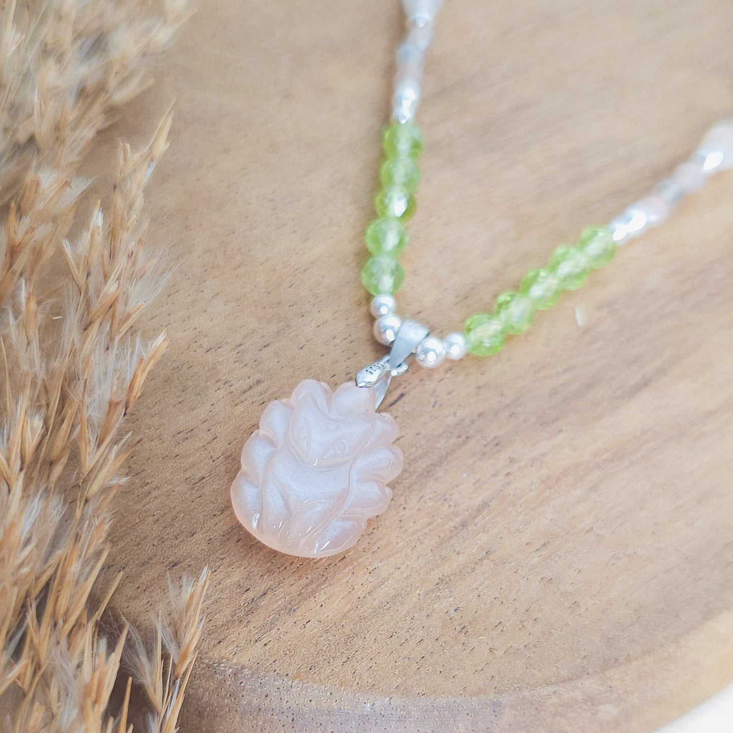 Whispers of the Fox | Handmade Necklace with Peach Moonstone Nine-Tailed Fox, Peridot, Moonstone and 925 Silver Beads