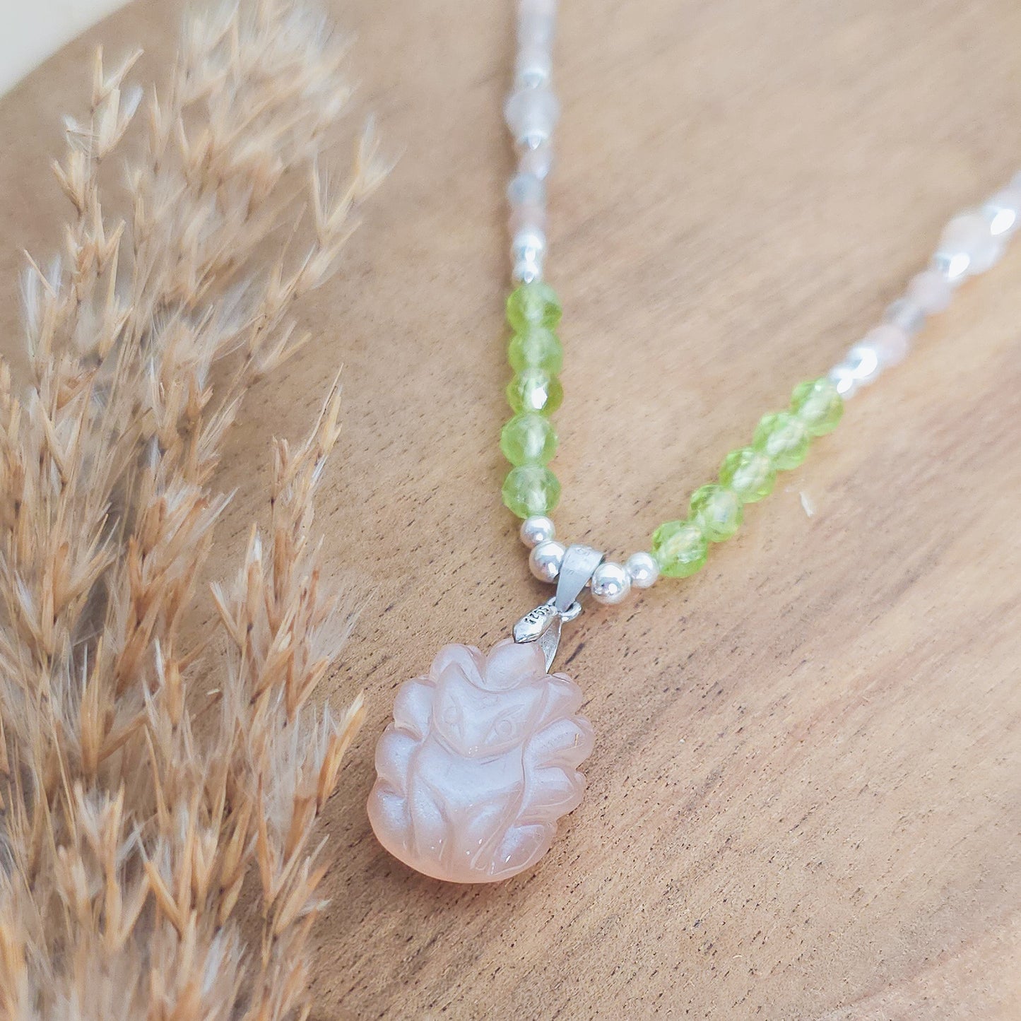 Whispers of the Fox | Handmade Necklace with Peach Moonstone Nine-Tailed Fox, Peridot, Moonstone and 925 Silver Beads