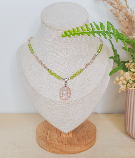 Whispers of the Fox | Handmade Necklace with Peach Moonstone Nine-Tailed Fox, Peridot, Moonstone and 925 Silver Beads