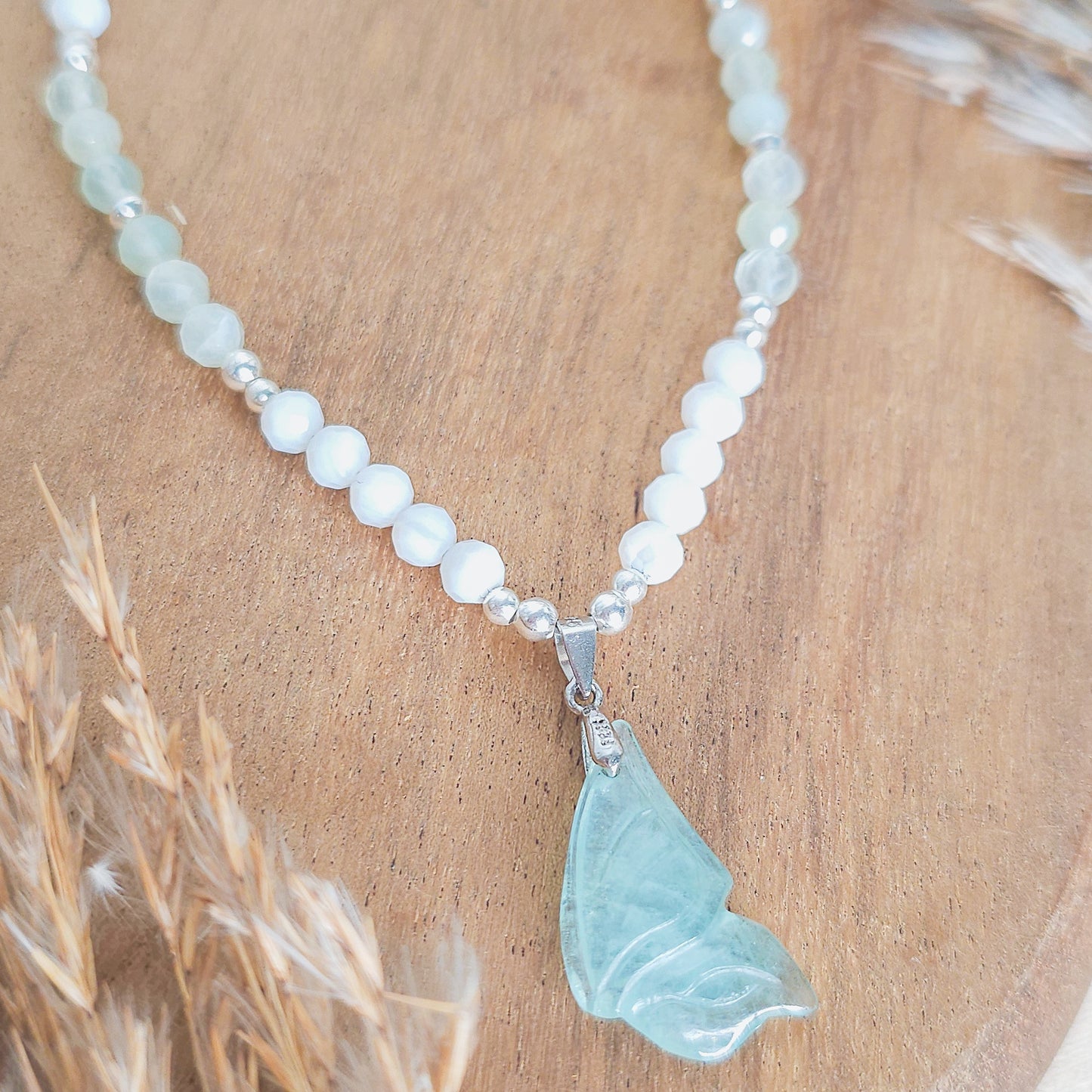 Whispers of the Fae | Handmade Necklace with Aquamarine fairy wing, Prasiolite, White Shell and 925 Silver Beads