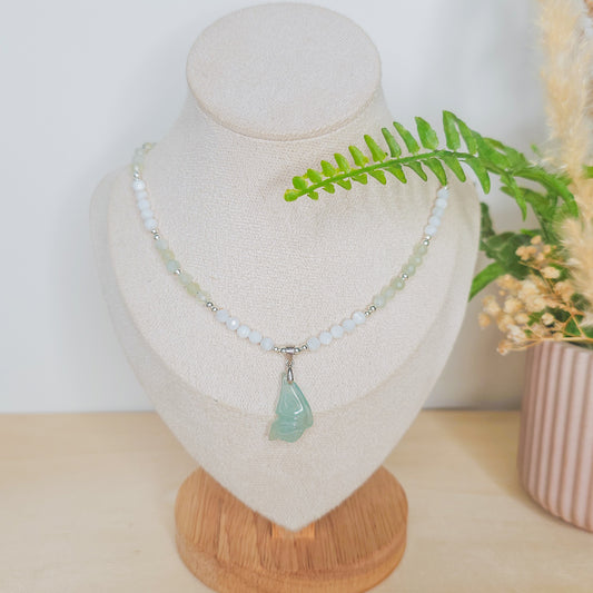 Whispers of the Fae | Handmade Necklace with Aquamarine fairy wing, Prasiolite, White Shell and 925 Silver Beads