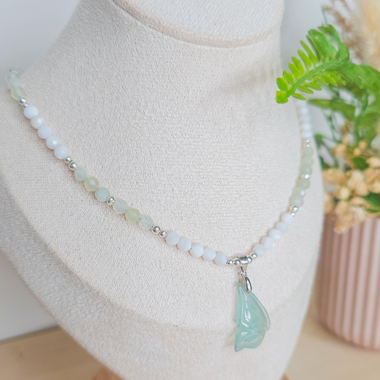 Whispers of the Fae | Handmade Necklace with Aquamarine fairy wing, Prasiolite, White Shell and 925 Silver Beads