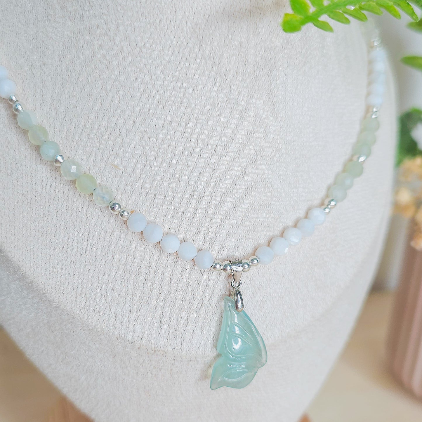 Whispers of the Fae | Handmade Necklace with Aquamarine fairy wing, Prasiolite, White Shell and 925 Silver Beads