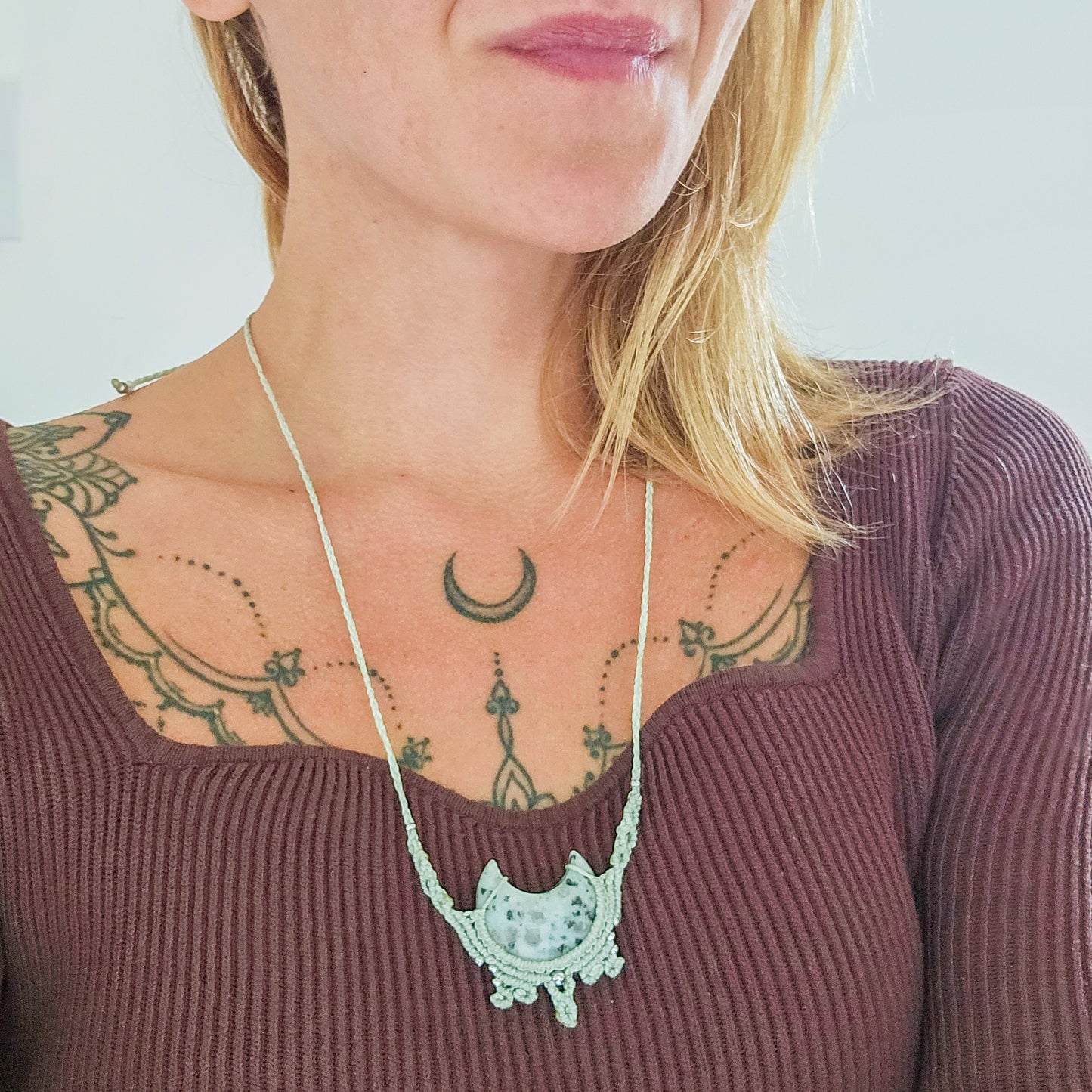 Crescent Roots | Handmade Necklace with Kiwi Jasper Crescent Moon