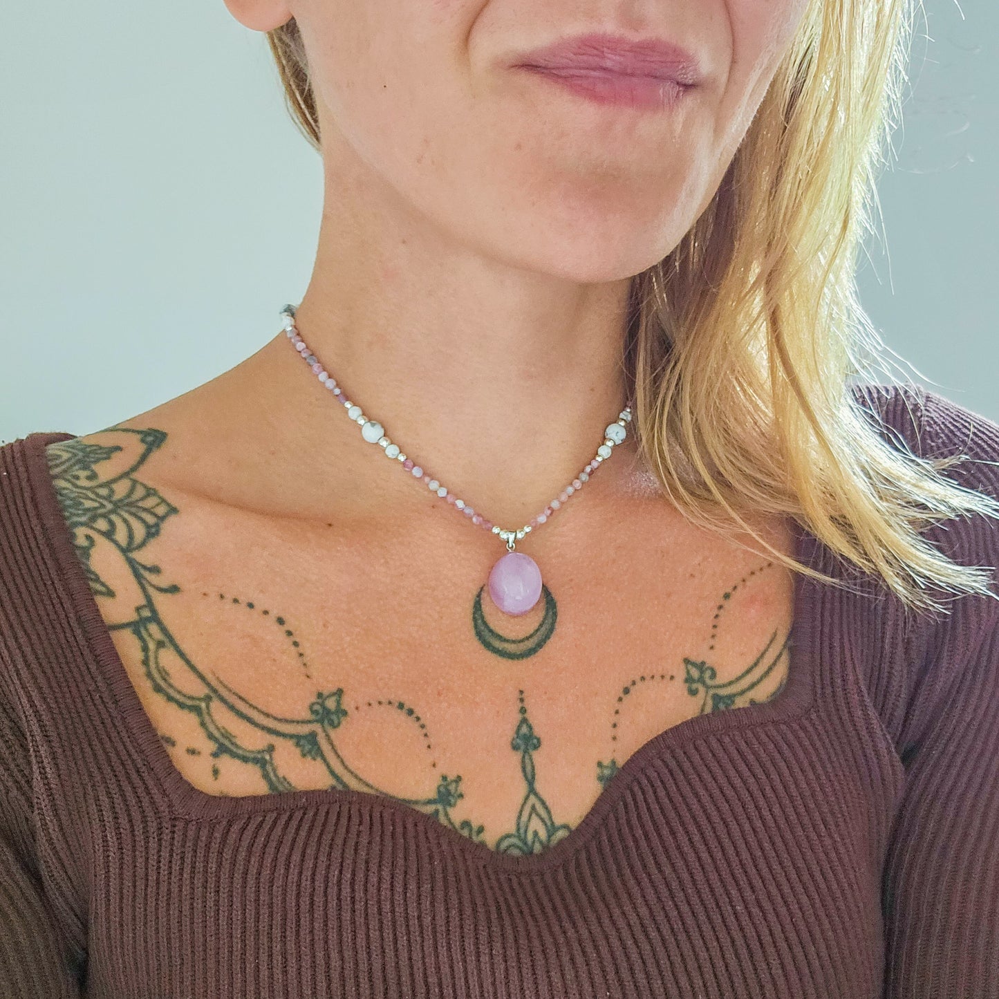 Heart Alchemy | Handmade Necklace with Kunzite, Pink Tourmaline & Lepidolite, Howlite and 925 Silver Beads.