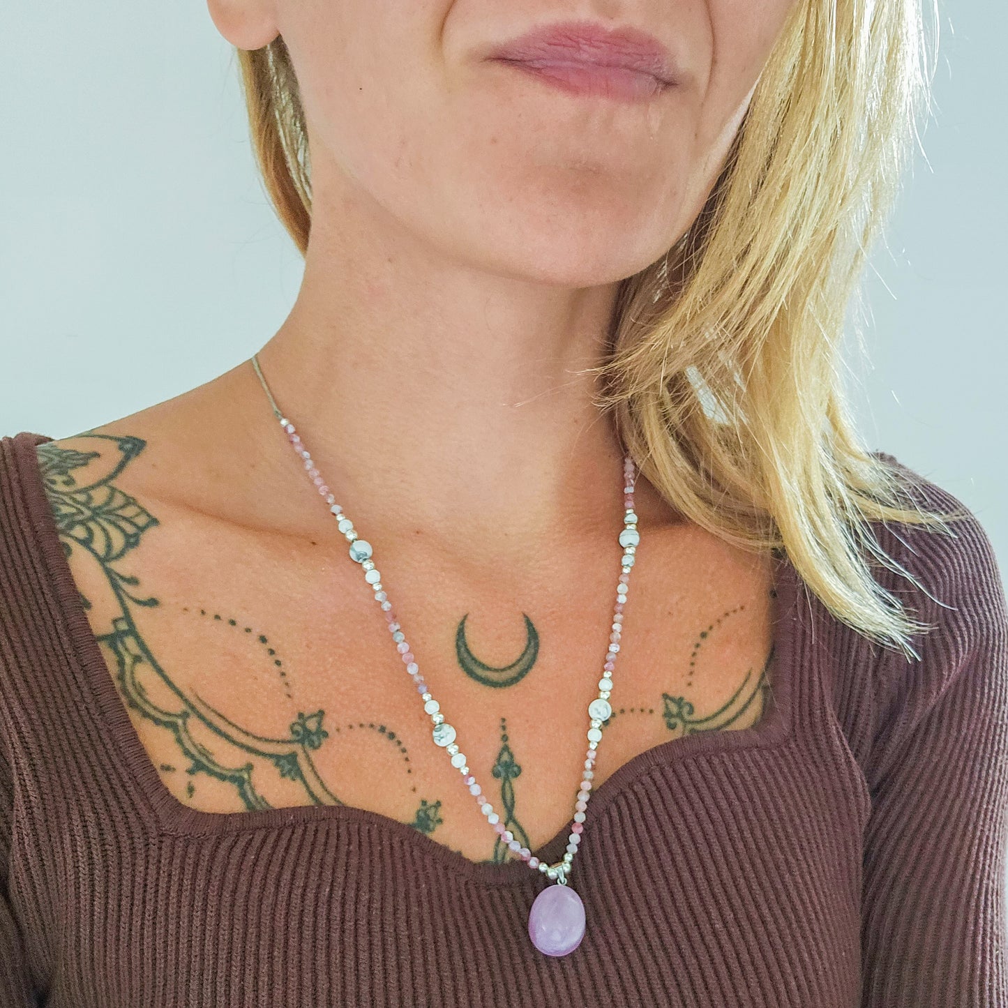 Heart Alchemy | Handmade Necklace with Kunzite, Pink Tourmaline & Lepidolite, Howlite and 925 Silver Beads.