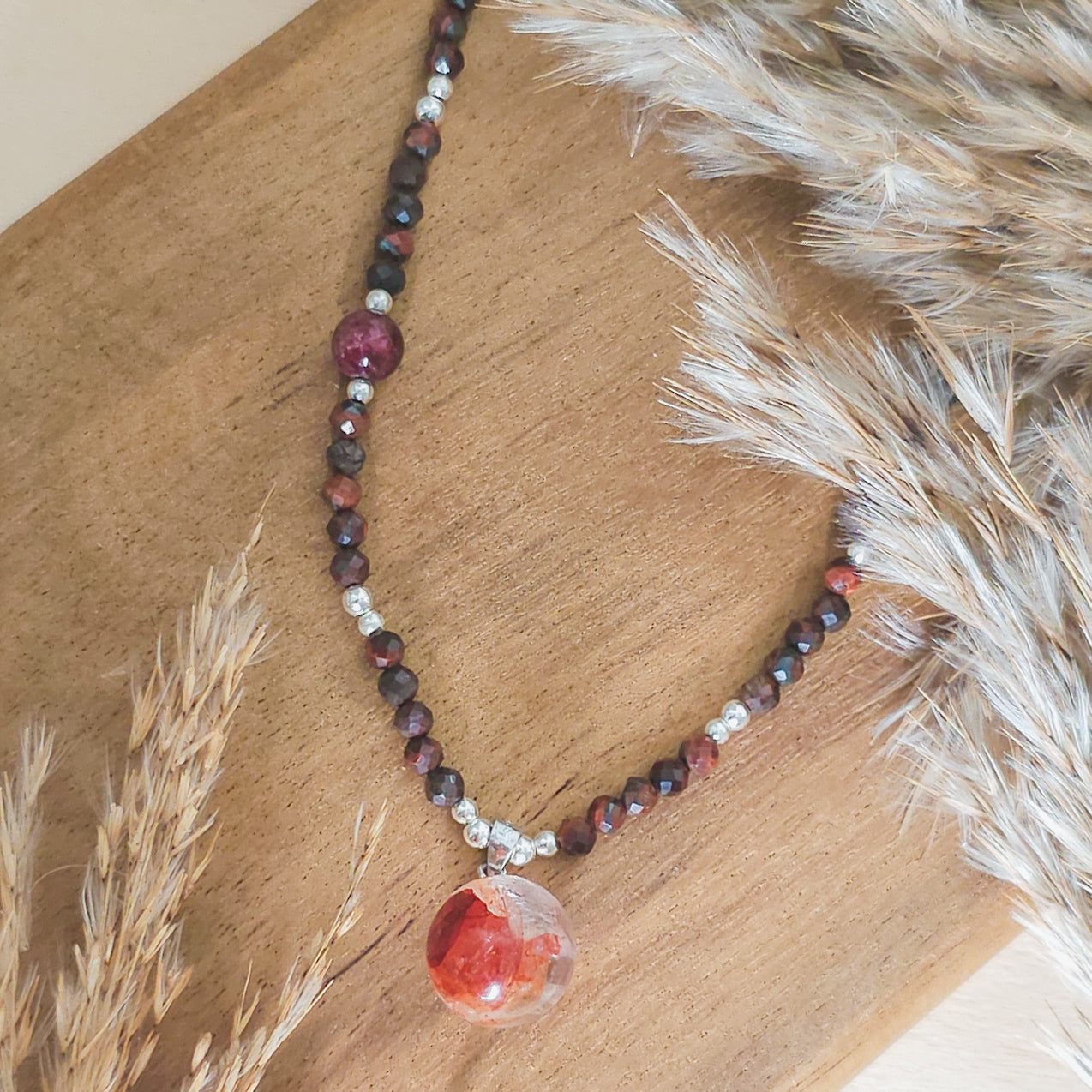 Sacred Ember | Handmade necklace with Fire Quartz sphere pendant, Red Tiger’s Eye & 925 Silver Beads